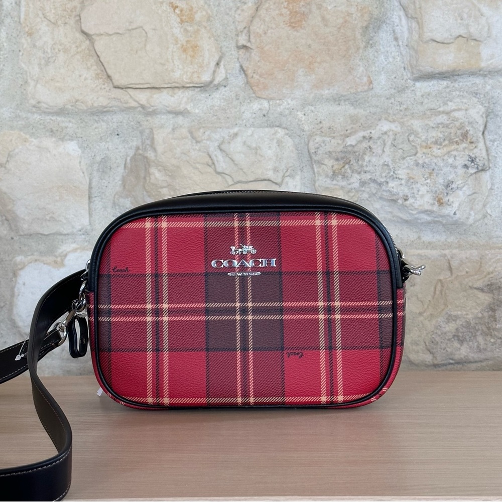 Coach Jamie Camera Bag With Tartan Plaid Print Red/Black Multi NWT